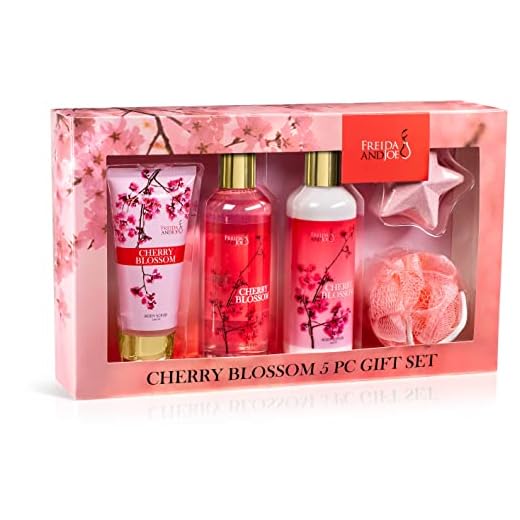 Bath and Body Gift Basket For Women Cherry Blossom Bath & Body Collection Includes Shower Gel, Body Lotion, Body Scrub, Bath Bomb & Sponge – Mother's Day Gift for Mom
