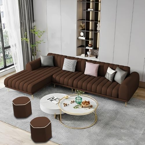 Image of Casaliving Herrick LHS 6 Seater L Shape Sofa Set with 2 Puffy for Living Room (Brown) Premium Velvet Fabric Sofa