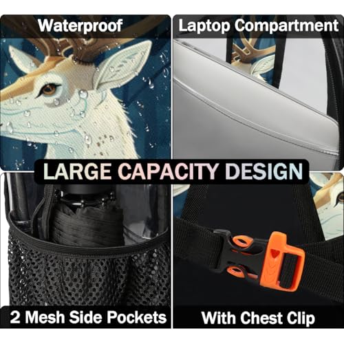 Night Deep Woods Deer Clear Backpack Stadium Approved PVC Backpacks for Adults Heavy Duty Clear Bag for Work Security Travel College4