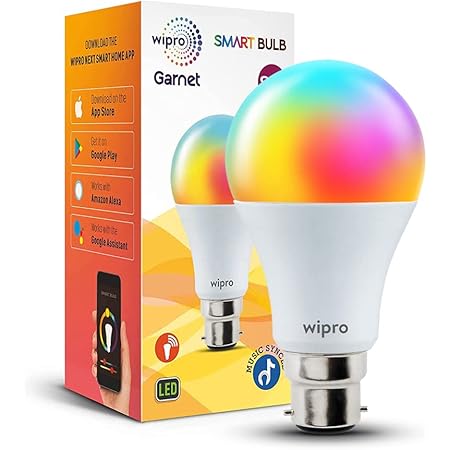 Wipro 9W B22D WiFi LED Smart Bulb with Music Sync Function, Compatible with Amazon Alexa and Google Assistant (16M Colours, Warm White/Neutral White/White + Dimmable) Pack of 1