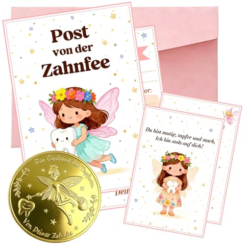 ePicsoa Zahnfee Geschenk KinderGoldene Glücksmünze Münze mit Karte & Umschlag Zahnfee Urkunde Zahnprotokoll Geschenkset für Mädchen & Jungen Überraschung beim Zahnverlust