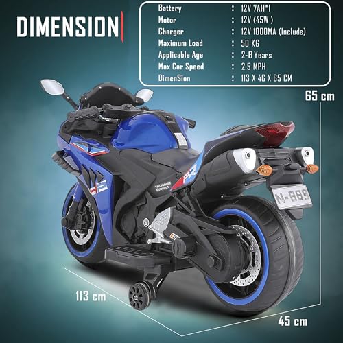 Image of Wishmaster Kids Battery Operated Ride-On Super Bike | Electric Rechargeable Bike for Boys & Girls 2-8 Years | Lights, Music, Training Wheels, | 100% Ready to Use Assembled (Thunderbolt Blue)