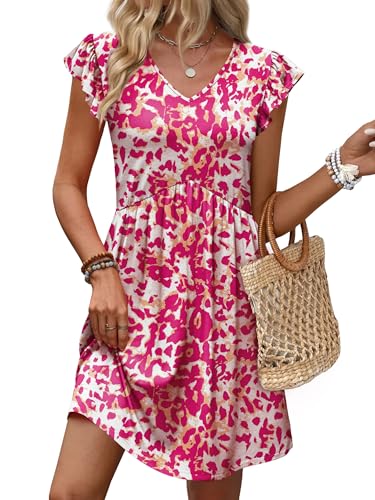 Image of OFEEFAN Summer Dresses for Women Beach Vacation Clothes V Neck Ruffle Sleeve Babydoll Dress Elegant Classy Sundress