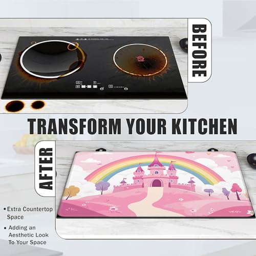 Image of Pink Princess Castle Glass Top Stove Cover Protector,Rainbow Heat Resistant Stove Top Cover, Large Size Range Covers for Electric Stove Countertop Mat, 28 x 20 Inch