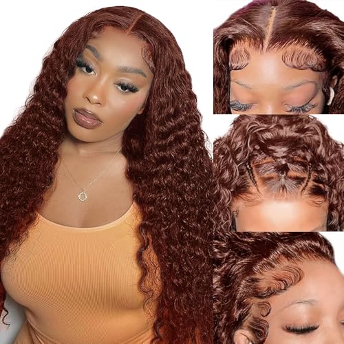 Reddish Brown Lace Front Wigs Human Hair Deep Wave Wig 13×4 Brown Deep Wave Wig Pre Plucked with Baby Hair 22 Inch Reddish Brown Curly Wig Human Hair for Women