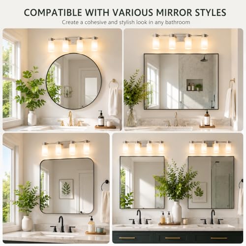 Image of 4-Light Bathroom Vanity Light, Brushed Nickel Vanity Light with Frosted Glass Shades, E26 Base Bathroom Light Fixture, Dimmable, Up or Down Wall Mount Lighting for Bathroom Mirror