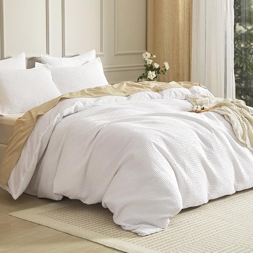 SE SOFTEXLY Waffle Duvet Cover King, 100% Cotton Waffle Weave Bedding Duvet Cover Set, Soft and Breathable Comforter Cover for All Season, 3 Pieces Including Pillow Shams(White, 104”x90”)