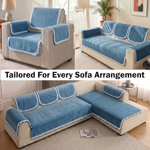 Image of Story@Home Sofa Mat Velvet Sofa Cover 1 Seater (152x61Cm) with Arm Rest Covers | Anti Slip Sofa Cover Velvet for Living Room | Measure Your Sofa & Create Your Own Custom Set - Ombre Shades of Blue