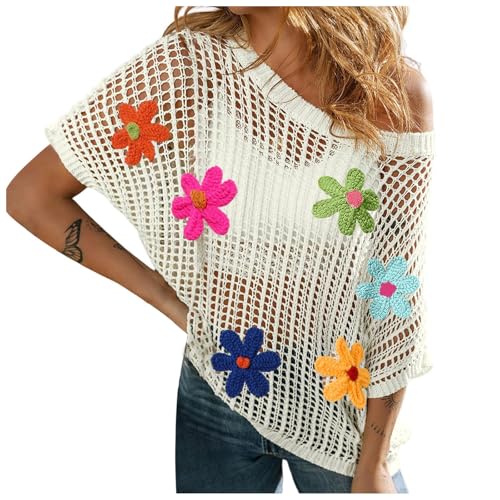 Tops de ganchillo de verano para mujer, cuello redondo, manga corta, suéter ahuecado de punto, camisas, cubiertas de playa, blusa, amarillo, mujer, Blanco, L