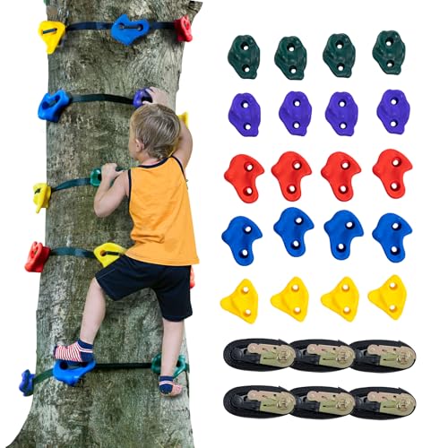 VEVOR Kit de Escalada de Árboles Ninja, 20 Presas para Trepar Árboles y 6 Correas de Trinquete, Presas de Escalada Grandes Formas para Entrenamiento de Obstáculos al Aire Libre