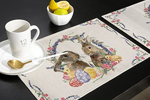 Fantasy Staring Easter Placemats For Dining Table Set Of 6 Easter Bunny With Floral Wreath Cotton Linen Table Mats Easter Egg Chick Spring Washable Placemat For Holiday Parties, 13 X 19 Inch #TOP4