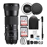 Sigma 150-600mm f/5-6.3 Contemporary DG OS HSM Lens for Nikon DSLR Cameras with USB Dock, Backpack, 67-inch Monopod, Two 64GB SD Cards, and Accessories Bundle (8 Items)