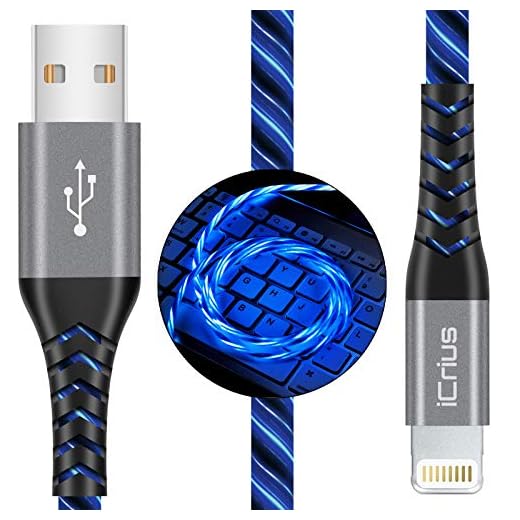 iPhone Charger, iCrius Apple MFi Certified 6FT Lightning Cable Led Light Up USB Fast Charging Cord Compatible with iPhone SE/ 11/Pro/Max/X/XS/XR/XS Max/8/Plus/7/7 Plus/6/6S/6 Plus, iPod Touch (Blue)