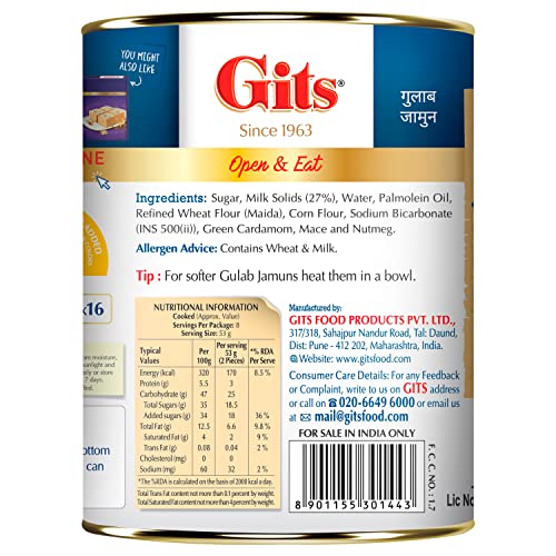 Image of Gits Open & Eat Gulab Jamun Tin, 16 Pieces per Can, Mouth-Watering Indian Mithai, 1Kg (Pack of 3)