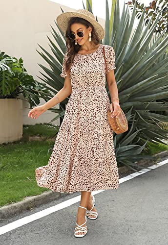 Image of NAVINS Womens Floral Print Modest Wedding Guest Midi Dress with Pockets | Puff sleeve tiered boho dress for summer, church, and vacations. Elastic waist, Below knee, hand or machine wash.