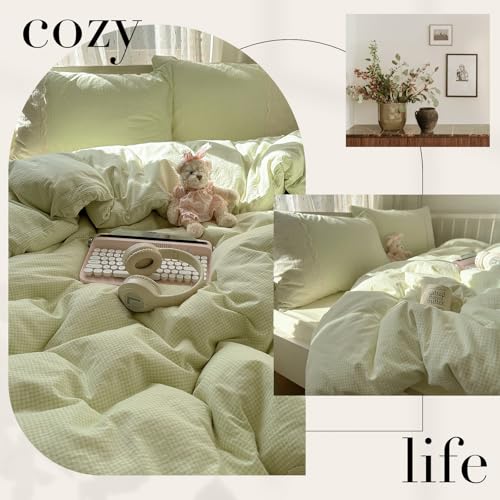 Image of MKXI Mint Green Gingham Duvet Cover Set King - 3-Piece Vintage Floral Bedding with White Lace Trim, Soft Washed Microfiber Princess Comforter Cover & Pillowcases for Girls, Sweet Cottagecore Style