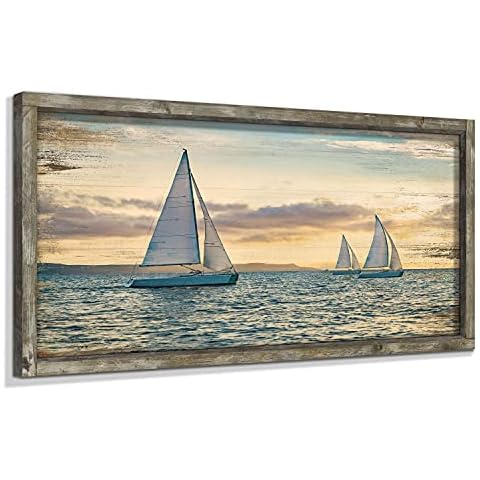Seascape Framed Wooden Wall Art: 48"x24" Coastal Painting Art Sail Boats Artwork Decor Sunset Ocean Picture Prints for Living Room Cover