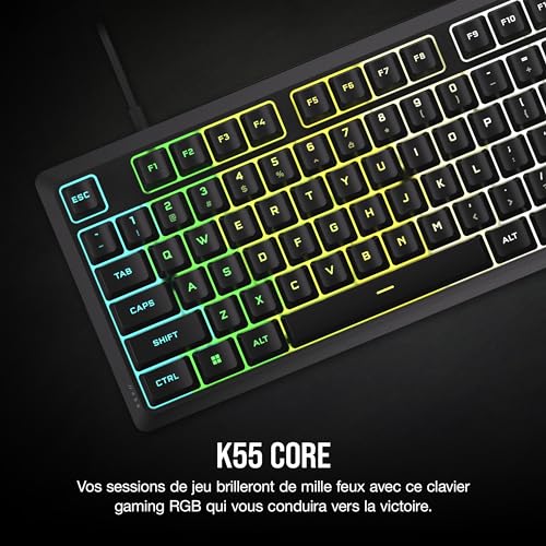 Corsair K55 Core RGB Clavier de Jeu Filaire à Membrane – Commutateurs Réactifs – Résistance Aux éclaboussures – Ten-Zone RGB – Touches Multimédia – Compatible iCUE – AZERTY FR – PC, Mac – Noir – Image 3