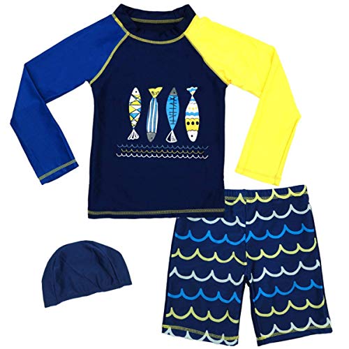 Baby Boys Two Piece Rash Guard Swimsuits Kids Long Sleeve Sunsuit Swimwear Sets with Hat Blue
