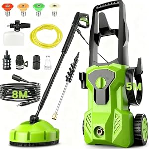 Nettoyeur Haute Pression, 2000W Moteur Brushless, Pression 160 Bars, Débit 500 L/h, Nettoyeur Haute Pression avec Tuyau de 8M, Lance Longue, Filtre à Eau, 4 Buses, Pour Maison, Jardin, Voiture, Washer