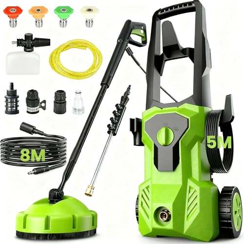 Sukaudiz Nettoyeur Haute Pression Contrôle de Puissance,1800W Moteur Brushless, Pression 135 Bars,Débit : 500 L/h, Nettoyeur Haute-Pression avecTuyau de 8M, Lance Longue, Filtre à Eau,4 Buses, Washer