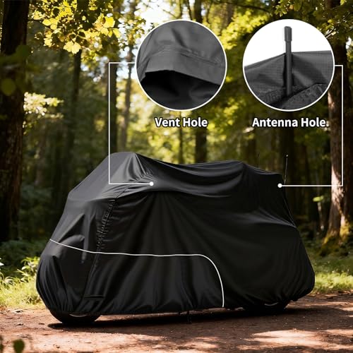 Image of Motorcycle Cover Heavy Duty 300D Waterproof for Touring Ultra | Fits for Harley Davidson Ultra Ltd, Road Glide Ltd, Honda Goldwing, BMW, Indian Motorcycle Accessories, 110 Inch Black