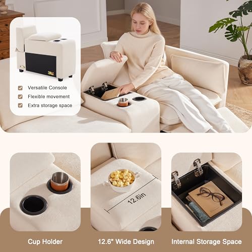 Image of 5-Seater Power Reclining Sectional Sofa Set with Storage Console, Wall-Hugger Recliner Sectional Couch with Cup Holders, Reclining Sectional Couch for Living Room (Chenille, Beige)
