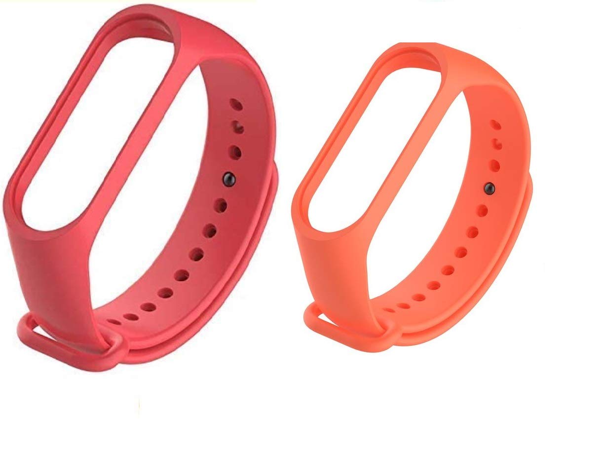 Hadwin Adjustable Silicone Strap Compatible for Mi Band 3 / Mi Band 4 (Combo Pack, Pack of 2) (Red & Orange)