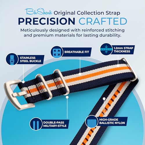 Image of BluShark - Original Collection Military-Style Waterproof Watch Strap, Fits All Timepiece Brands, Durable Nylon Wristwatch Accessories with Stainless Steel Buckle - 18mm, 20mm, 22mm & 24mm Watch Bands