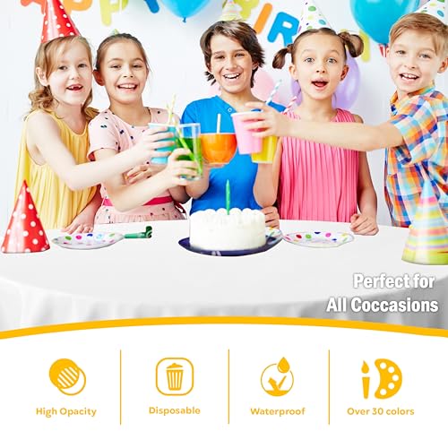 Image of Exquisite White Round Plastic Table Cloth Disposable 6 Pack - 84 Inch Round Value Pack - Economy Tablecloth for Parties Events and Everyday Use - Budget Friendly Table Cover