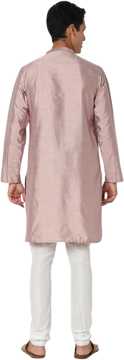 In-Sattva Men's Vertical Pleat Embroidered Banded Collar and Placket Kurta Tunic; Lavender Lilac; LG