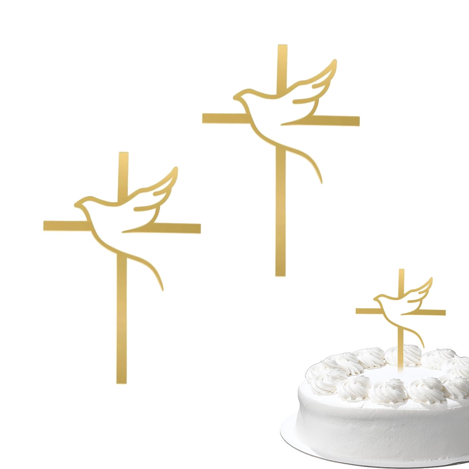 2pcs Cross Cake Toppers Holy Communion Cake Decorations Gold Acrylic Cross Dove Topper Religious Decor for Holy Communion Confirmation Christening