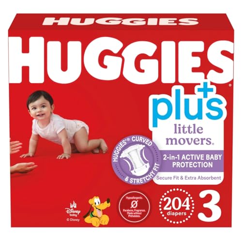 Huggies Plus Little Movers Diapers, Size 3, 204 Count, Disney Collection, 2-in-1 Active Baby Protection, Secure Fit, Extra Absorbent, 16-28 Pounds