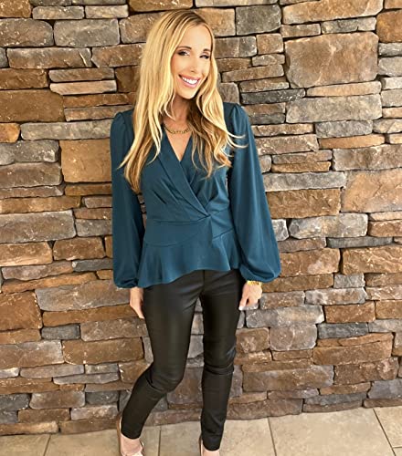 Wrap V Neck Tops For Women Lantern Sleeve Casual Peplum Blouse Solid Color Slim Fit Lapel Top Dark Green Xl #TOP7