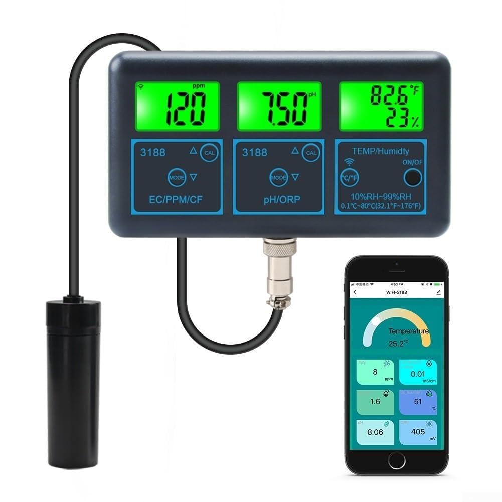 Analizzatore di qualità dell'acqua 7 in 1 per Tuya WiFi, rilevatore piscina con temperatura di sale PH ORP, monitoraggio remoto e alta precisione per piscina acquacoltura (EU)