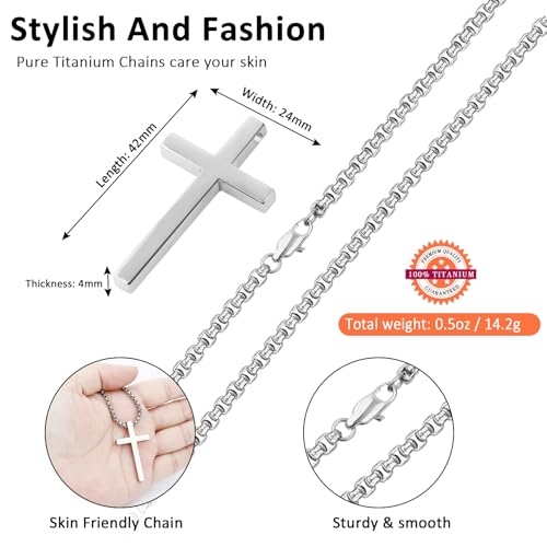 SanThree 3mm Pure Titanium Cross Necklace for Men Women Square Box Rolo Chain, Skin Friendly Solid Round Link Rolo Chain for Birthday Valentines Graduation Gifts，21.65"/23.62“4