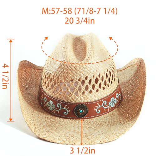 Image of Straw Cowboy Cowgirl Hats for Women Men Summer Beach Sun Hat Panama Woven Straw Hat Wide Brim Western Cowboy Hat, Medium, Natural - Embroidered Belt