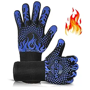 BBQ Gloves for Smoker, 1472℉ Extreme Heat Resistant Gloves, 14 Inch Silicone Non-Slip Grill Gloves with Extra Long Cuff, Safe Oven Gloves for Barbecue, Fryer, Baking, Outdoor Camping (Blue)