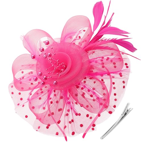 Image of DRESHOW Fascinators Hat Flower Mesh Ribbons Feathers on a Headband and a Clip Tea Party Headwear for Girls and Women