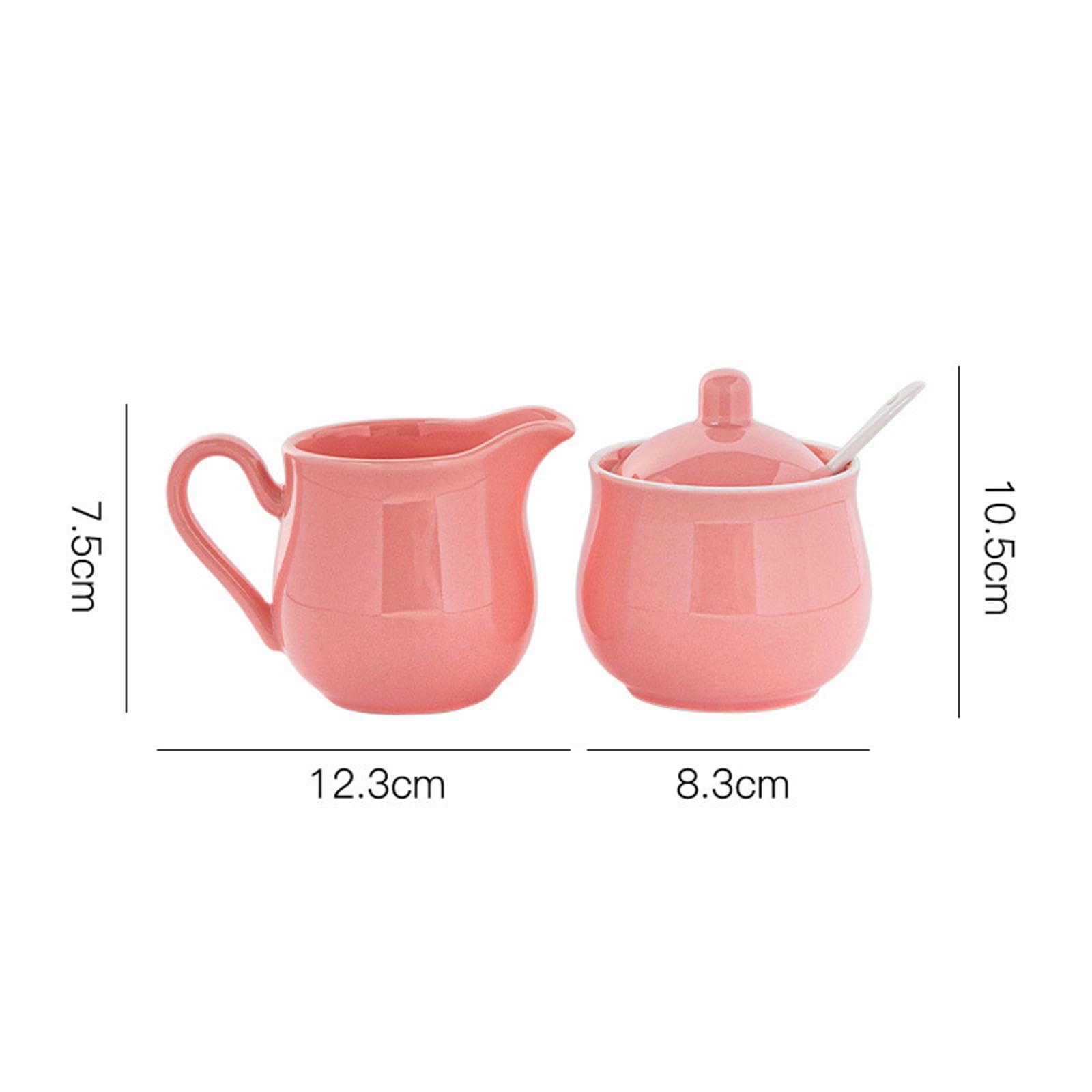 Sucrier Ensemble En Céramique Pichet à Crème Pot à Lait Boîte à Sucre avec Couvercle et Cuillère Compact Conçu pour Service Dîner Occidental D, Rose