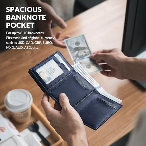 Image of VULKIT Men's Leather Card Holder Pop Up Cards With ID Window Wallet with Coin Pocket Magnetic Closure (Navy)