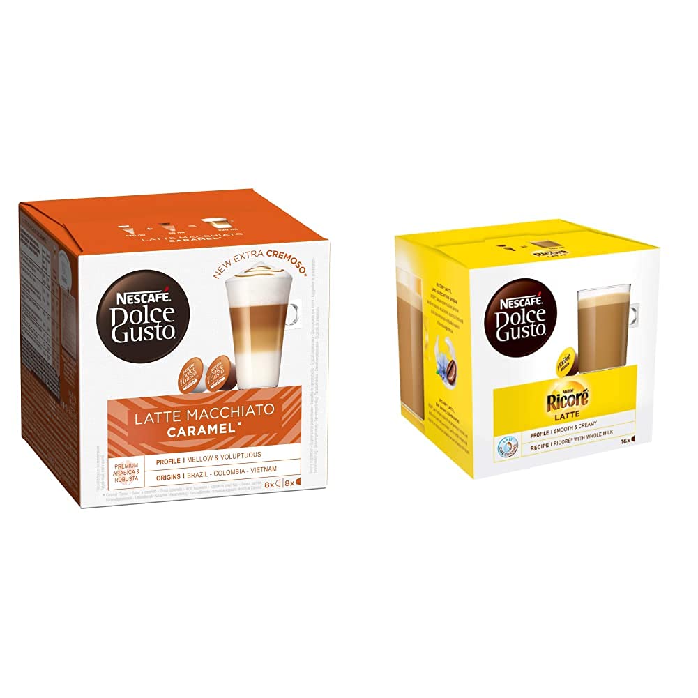 Nescafé Dolce Gusto Latte Macchiato Caramel - Café Gourmand - 96 Capsules (Pack de 6 boîtes x 16) & Ricoré Latte - Café - 96 Capsules (Pack de 6 boîtes x 16)