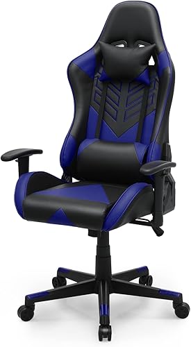 Magshion Silla de juego reclinable de 90 a 135 con respaldo alto azul con soporte lumbar desmontable y reposabrazos ajustable, silla giratoria de PC