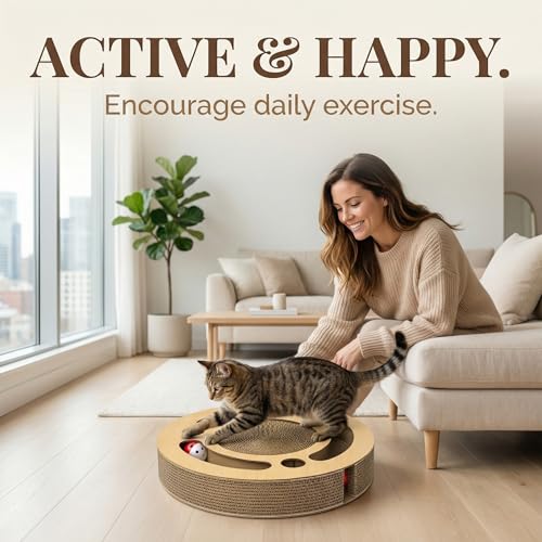 BRRDAQU Kratzbrett Katze mit Klingelballs Kratzpappe 3-in-1 Wellpappe Kratzmatte und Ruheplatz für Katzen Interaktives Katzenspielzeug für Erwachsene Und Kätzchen (33cm)