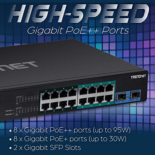 Image of TRENDnet TPE-BG182g, 18-Port Gigabit 470W PoE++ Switch with 8 x 95W PoE++ Ports, 8 x 30W PoE+ Ports, 2 Gigabit SFP Slots,470W PoE Budget, 1U 19 inch Rack Mountable, Black (Renewed)