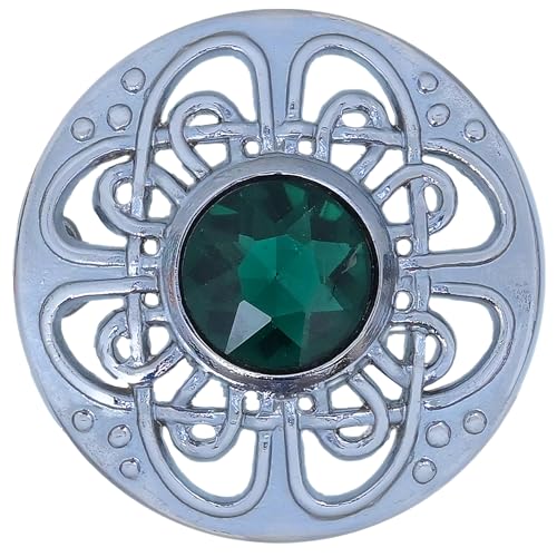 Image of Elegant Culloden Plaid Brooch - Scottish Kilt Fly Plaid Brooch Intricate Celtic Knot in Pewter with Gemstone 3-Inch Diameter - Ideal for Scottish Kilts & Formal Wear