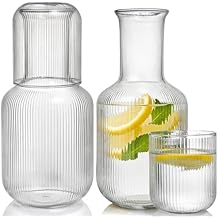 Bekith 2 Set 25 OZ Bedside Night Water Carafe with Tumbler Glass, Vertical Stripes Clear Glass Carafe for Bedroom Guest Room Nightstand, Mouthwash Decanter for Bathroom, Water Pitcher Set 4-Piece