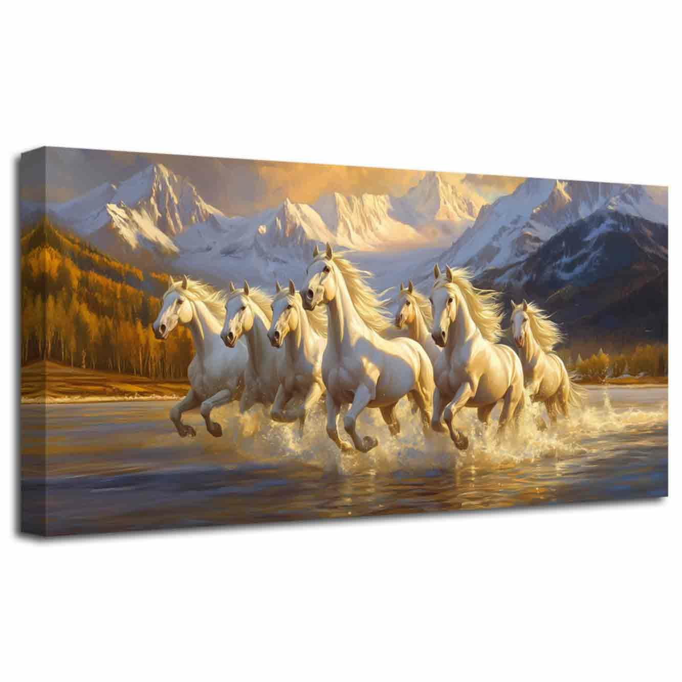 LZIMU Horses Wall Art 7 White Horses Running Picture Wildlife Painting Sunrise Wild Animals Canvas Prints Sunset Nature Landscape Poster Modern Artwork Home Decor (White, (70L x 140W cm))