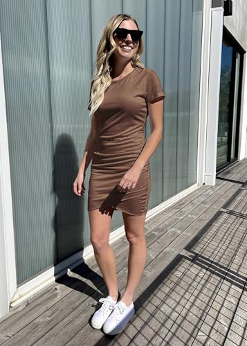 Image of BTFBM Women's Summer Dresses 2026 Casual Bodycon Mini Dress Short Sleeve Crew Neck Ruched Spring Beach Vacation Outfits