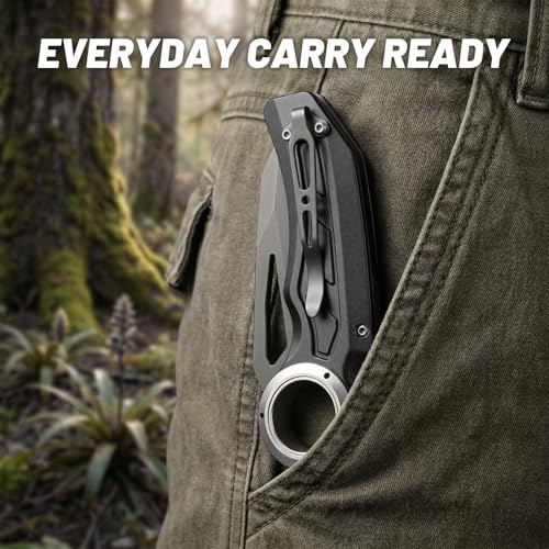 Cxze & Gdavdfur Pocket Knife, Outdoor EDC Folding Knife, Blades of Full Blade Straight Knife, Anti-Slip Finger Loop Grip,Gift for Man Woman (Black) — view 5